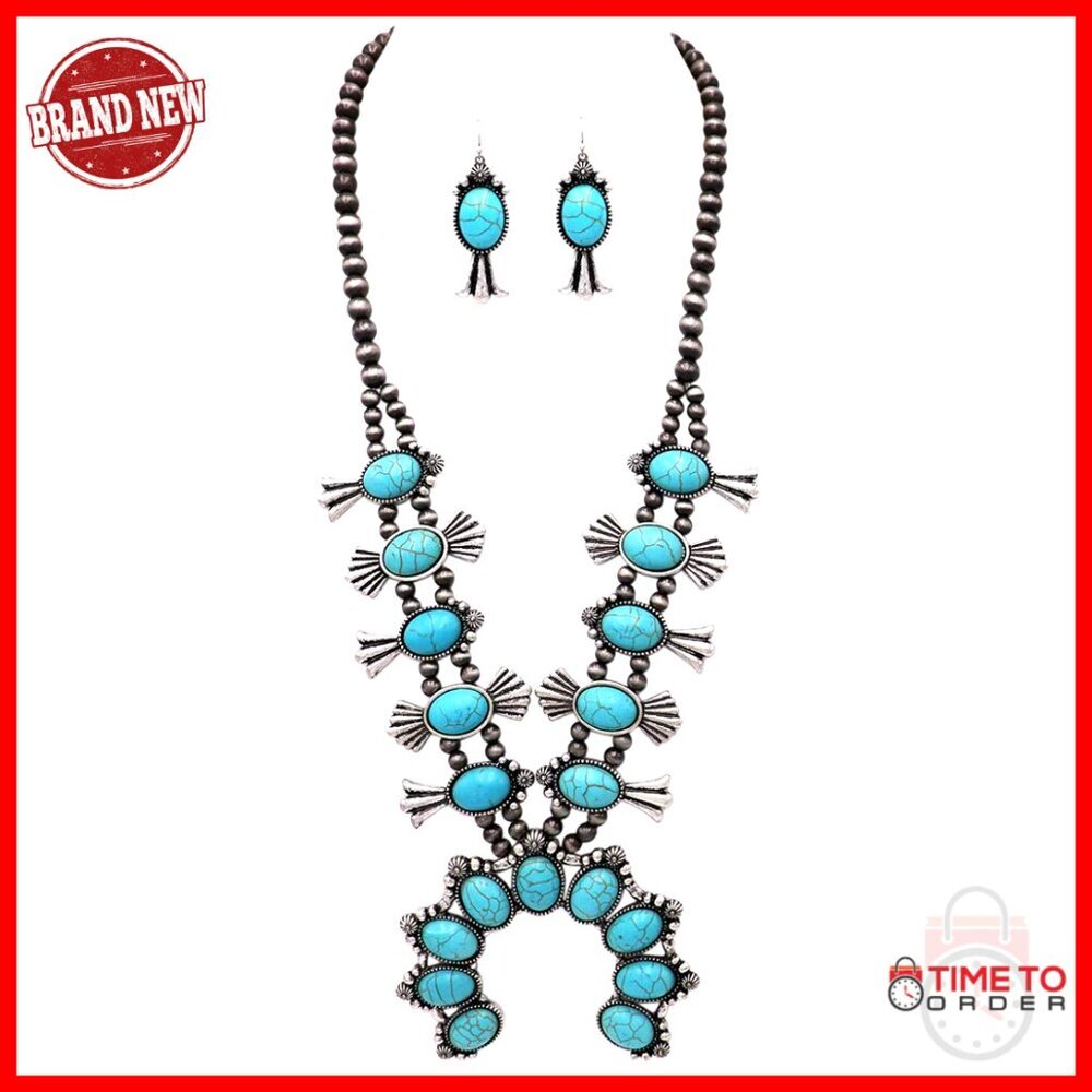 Squash Blossom Necklace & Earring Set with Howlite Stones, 27-30 Inch